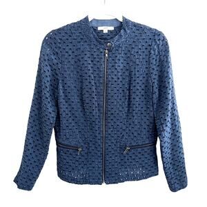 Anthro DREW Navy Indigo Chambray Eyelet Zip Jacket Cotton Made in USA Size Small